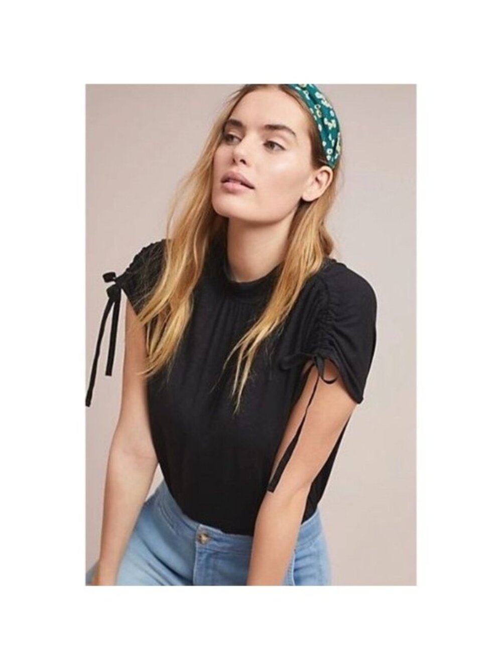 Anthropologie Blan Noir Black Ruched Sleeve High Neck Top